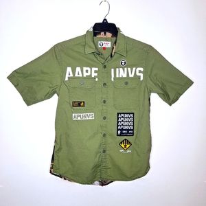 A Bathing Ape Brand " The Camo Ape" button-down short sleeve unity shirt size L.